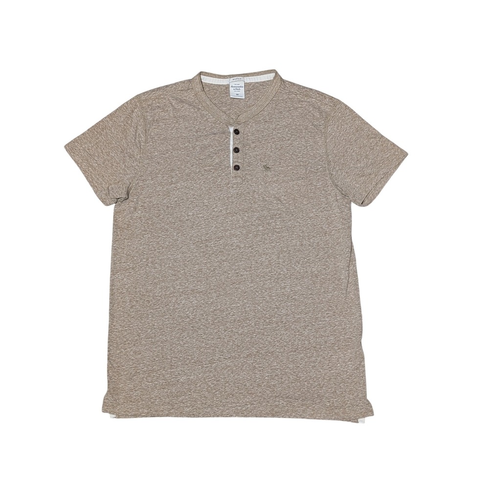 Abercrombie & Fitch Henley Men M Tan Muscle Fit Short Sleeve Heathered Logo Y2K
